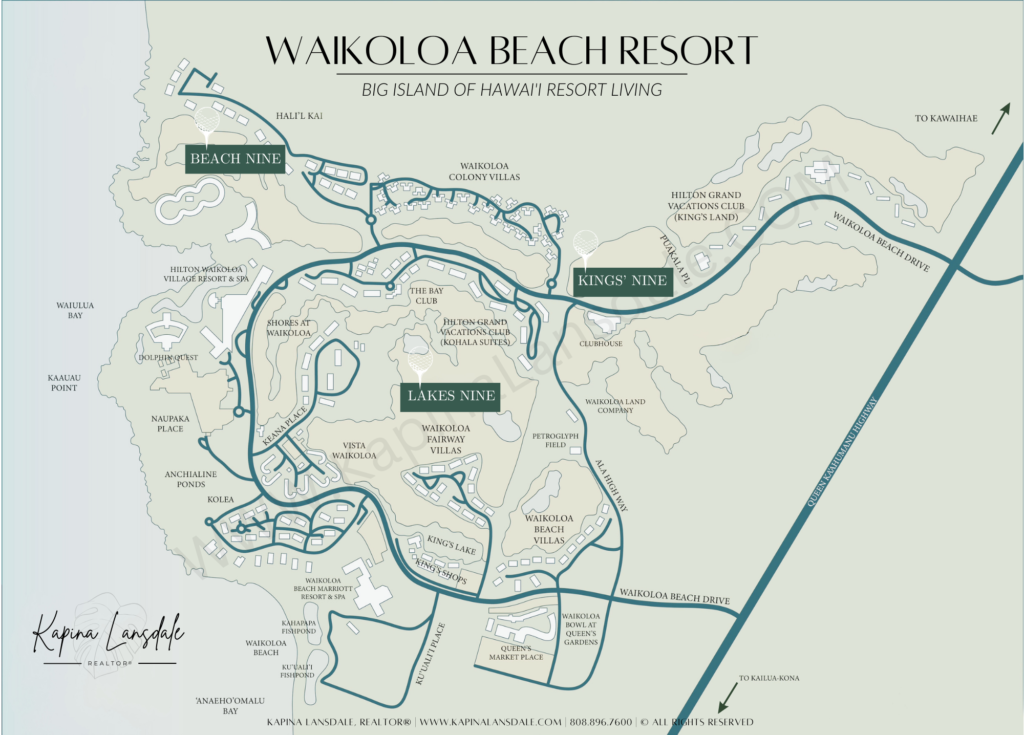 Map of Waikoloa Beach Resort showing location of condos, hotels, shopping and golf course