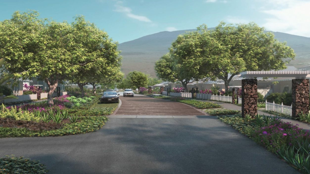 Here’s a glimpse of a typical street within Nana Kai: tree-lined and landscaped with flowers, shrubs, and multi-use pathways enhanced by charming portals and trellises. Grassy parking pads are set along the road, offering convenient spots in front of the homes. In the background, Mauna Kea stands tall, with Waikoloa Village’s Kilohana Kai neighborhood visible to the right.